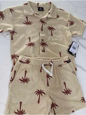 Volcom Beige Palm Tree Terry Button-Up & Drawstring Shorts Set
